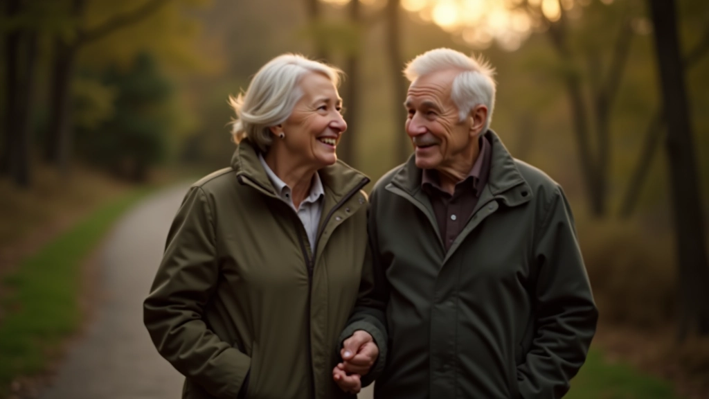 Seniorų pora vaikščiojanti aplink ežerą su rūpesčiu ir saugumu